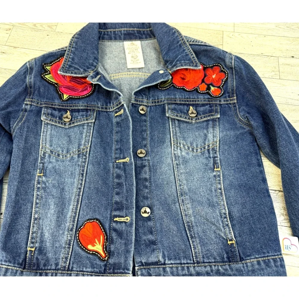 Girls Disney Princess Belle Red‎ Rose Denim Jacket Blue Disney Parks Size 7/8